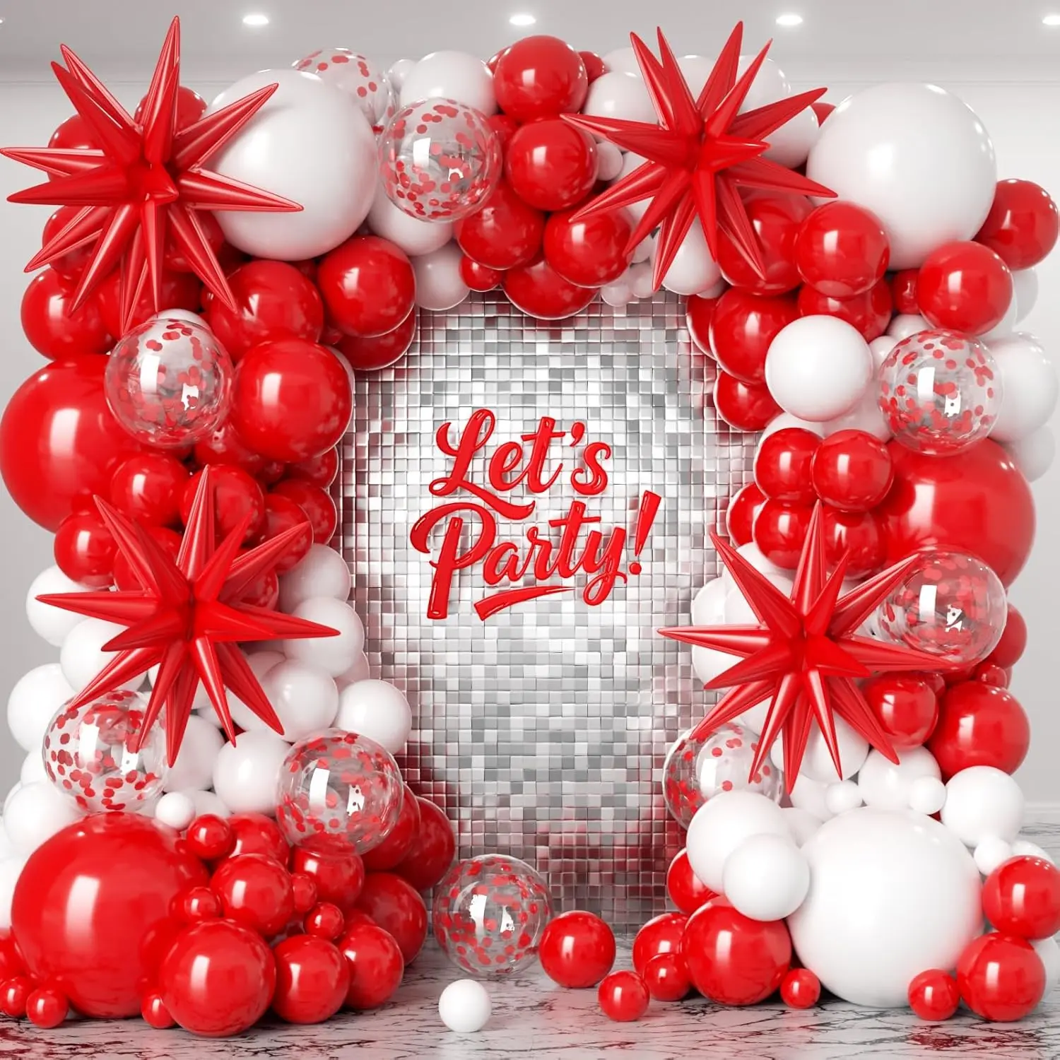 153pcs Red and White Star Pattern Garland Arch Kit - 22,18,12 inches,10,5in Latex Balloons,10 Confetti Balloons for Christmas,Wedding,Valentine’s Day - Balloon Arch Backdrop,Photo Backdrop