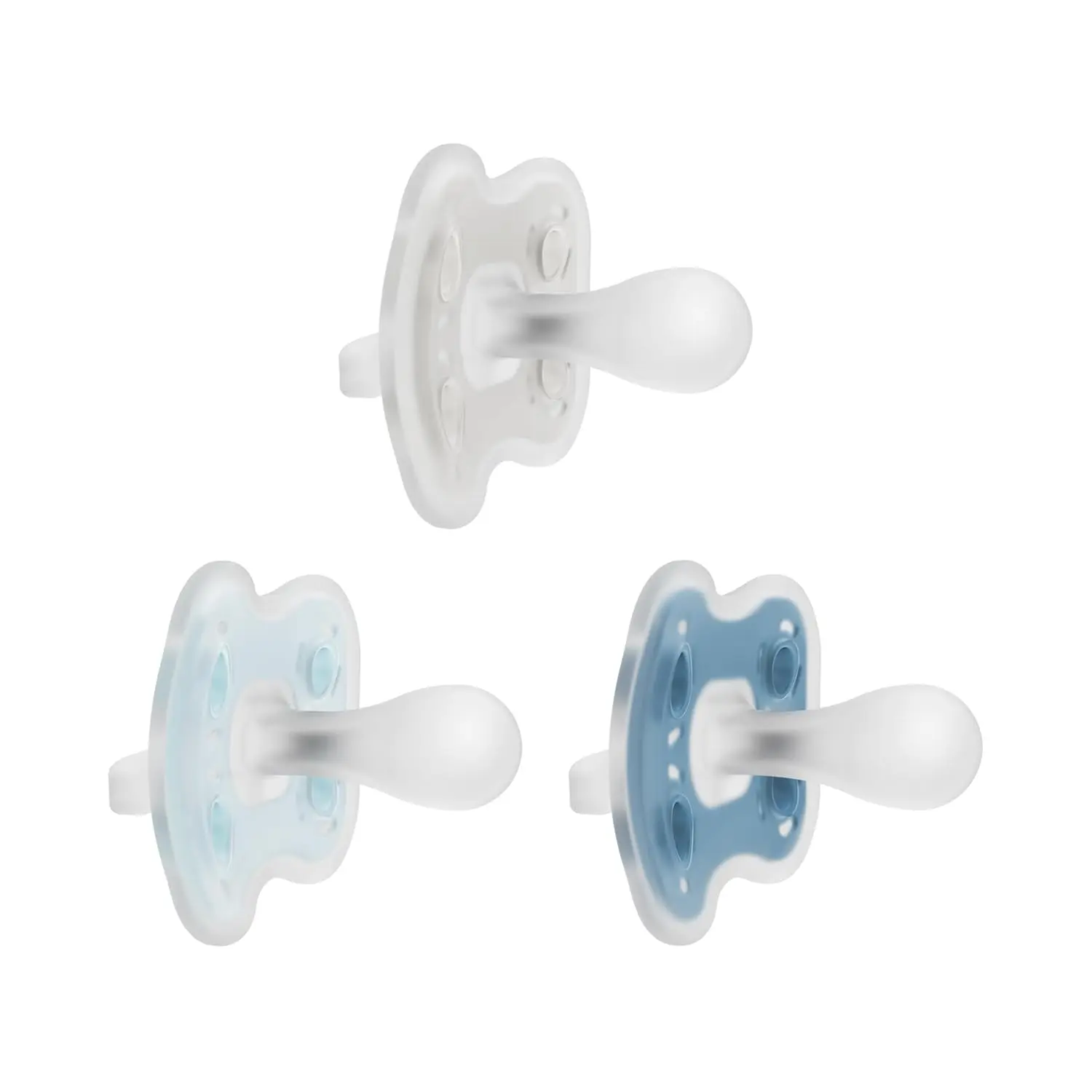 3 Pack Silicone Baby Pacifier, Fully Symmetrical Soother, Blue/Light Blue/Gray, 0-6m