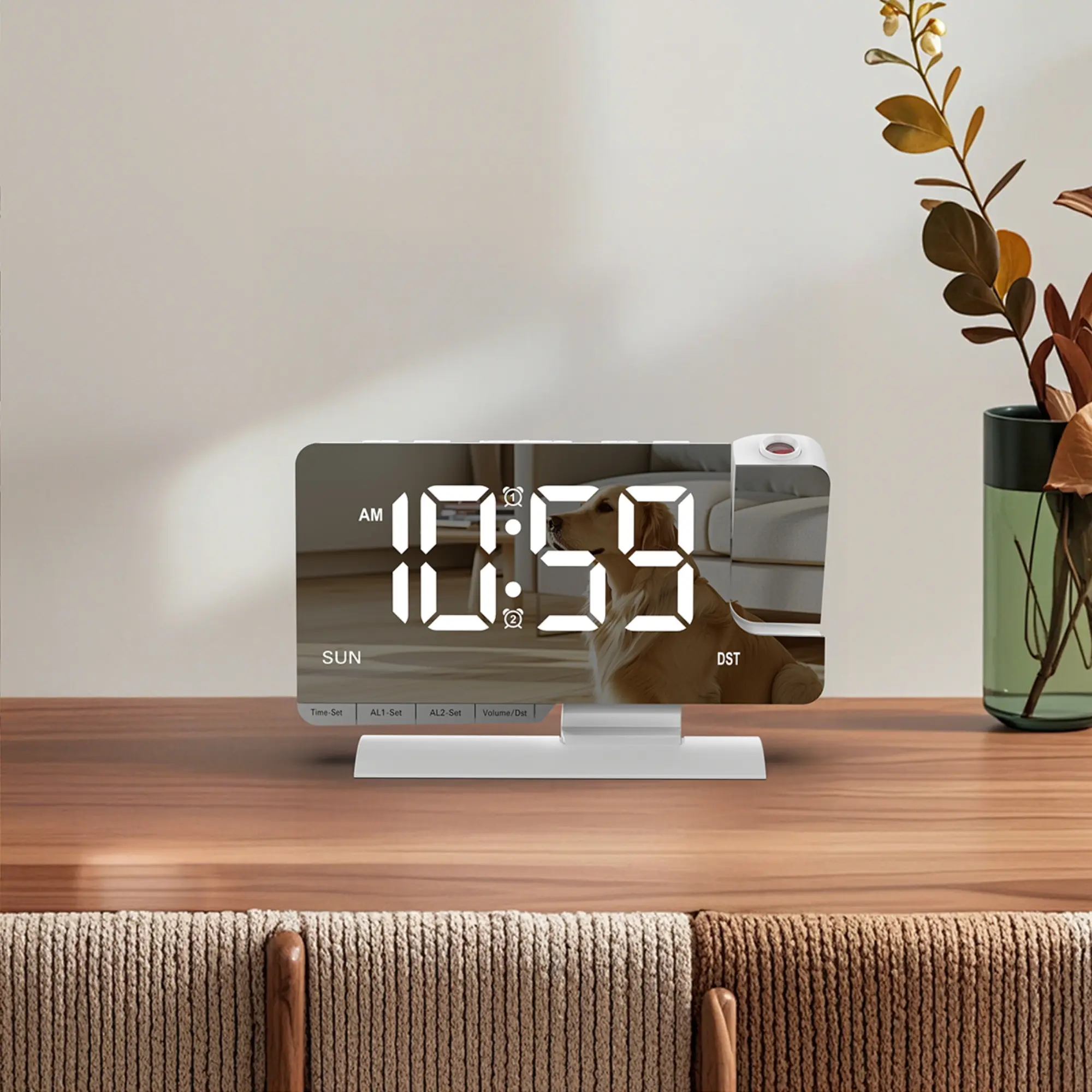 Dual Alarm Projection Clock – 180° Rotatable, 6-Level Dimmer, 5 Volume Levels, USB/Type-C Output, Big Numbers, Adjustable Brightness