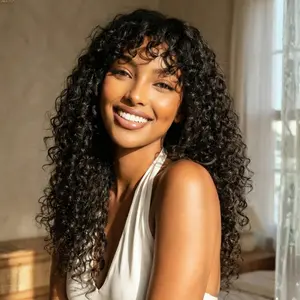 UNice 200% Shaggy Waves Big Hair Wigs with Bangs Glueless 4X0.75 Lace T Part Human Hair Wigs Pre-Styled Wig with invisi Drawstring
