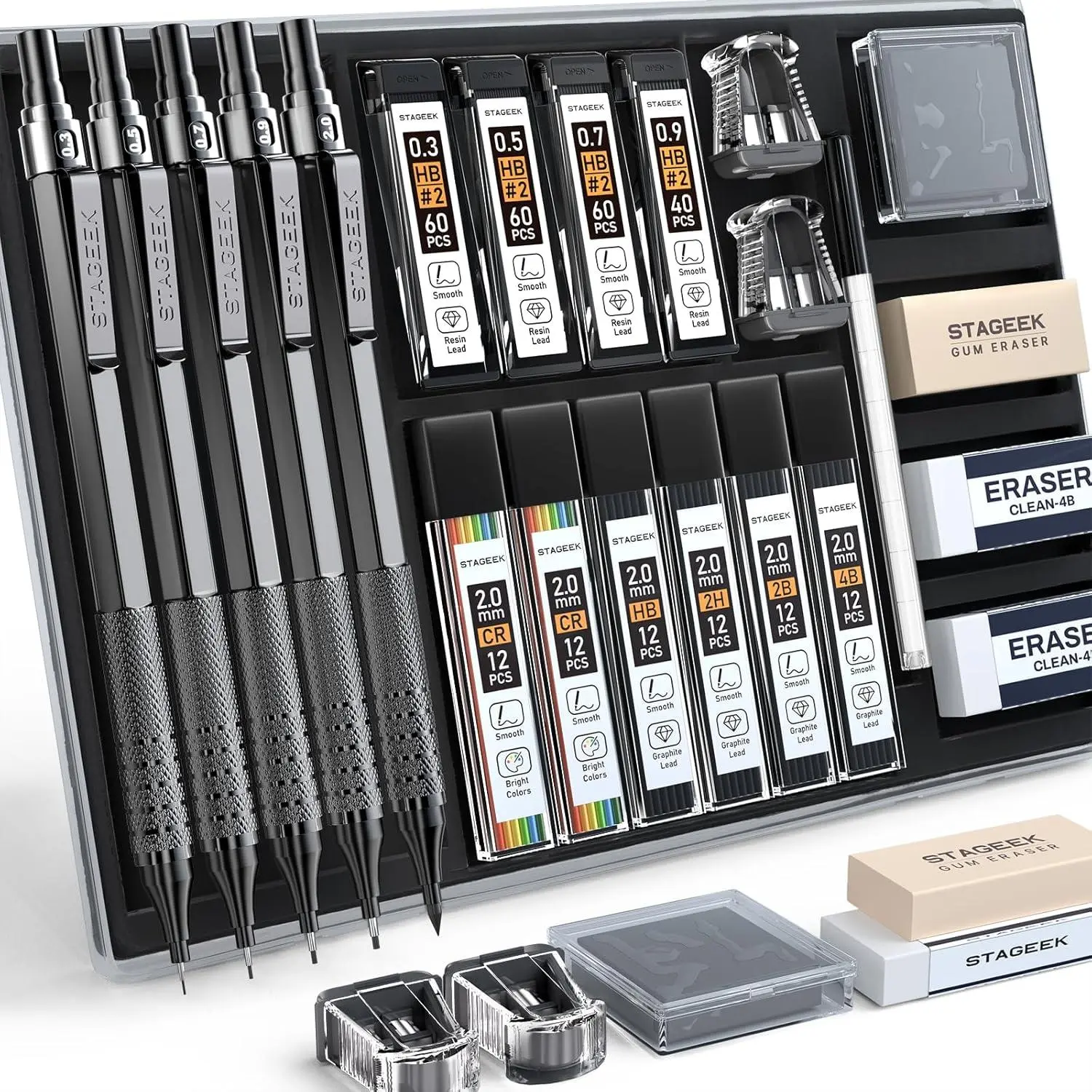 STAGEEK 21 Pcs Metal Body Mechanical Drawing Pencils Set - Multi-Tip Drawing Tools with 0.3/0.5/0.7/0.9/2mm Lead Holders (HB,2H,2B,4B), 10 Tubes Graphite Lead Refills, Eraser, Case for Drafting