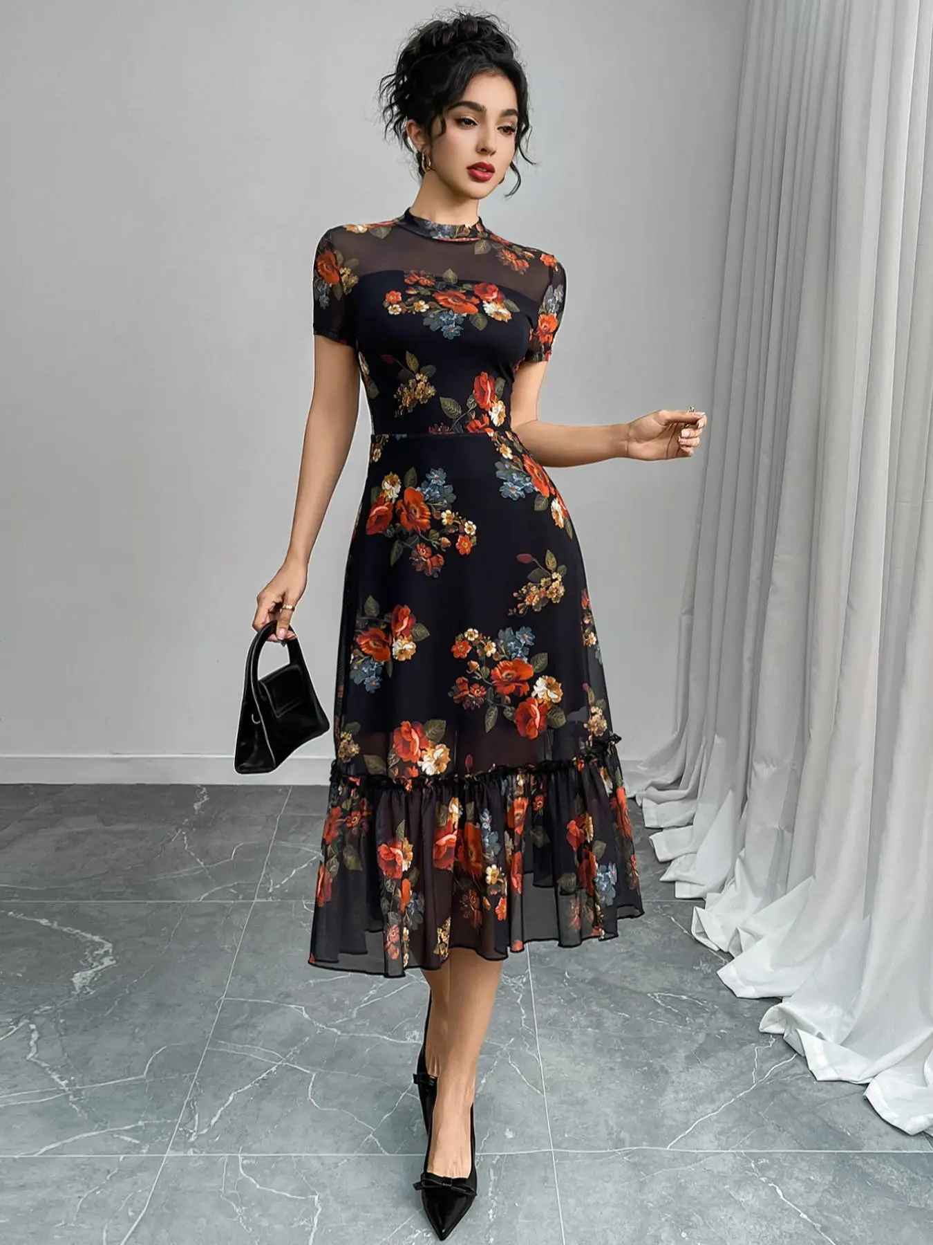 Women's Floral Print Chic Dress, Womenswear, Retro Elegant Fashion Casual Ruffle Trim Fitted Dress for Daily Outdoor Wear, Women Dress for Summer, Elegance
