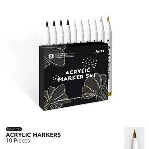 Arrtx Acrylic Paint Pens, 10 Pack Extra Brush Tip White Paint Markers Metallic for Rock Fabric Wood Glass Canvas Ceramic, 4 White 4 Black 1 Gold & 1 Silver, Water Based Ink, DIY Crafts