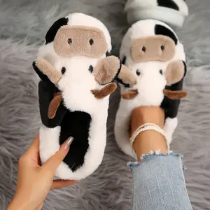 Women Men Fuzzy Cow Slippers Cute Cotton Animals House Shoes Fluffy Plush Slippers for Indoor Springfresh
