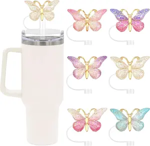 6PCS Cute Butterfly Straw Cover Cap for Stanley Cup Accessories,Bling Straw Toppers for Stanley Tumbler 40&30 oz,Reusable Straws Tips Protectors Compatible with 10mm Straws