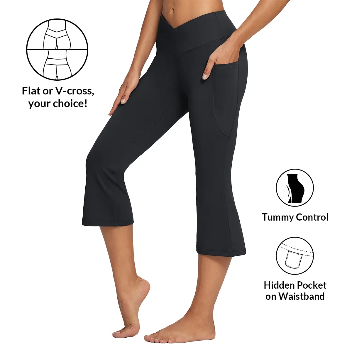 Baleaf Women's 21in Comfortable Basic Yoga Capri Bottoms - Casual Fitted Trousers, Bootcut Cotton Leggings with Pockets, Fit for Summer Lounge & Work Use