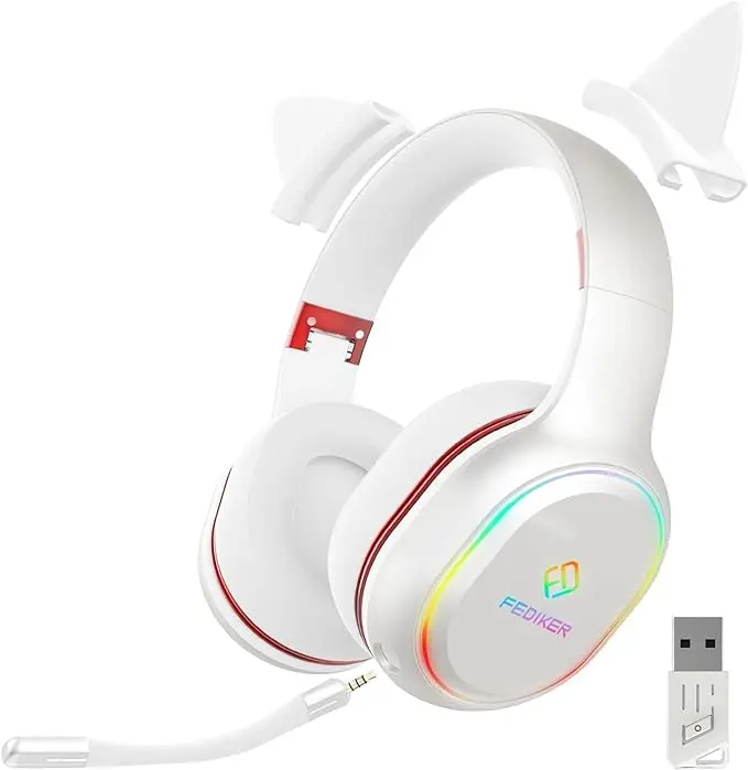 Low Latency Wireless Gaming Headset for PS5, PS4, and PC - USB Dongle, Detachable Mic, RGB Lighting, Cute White Cat Ear Design, Ideal for Girls and Women