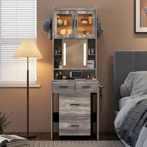 Karl Home Compact Small-Space Vanity Desk: Sliding Mirror with LED Lights, Charging Station & Storage Shelves – Mini Corner Vanity Set with Hidden-Storage Stool for Bedroom