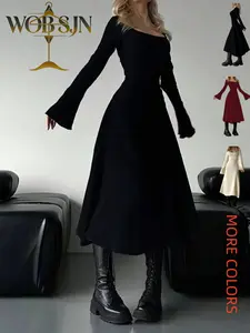 Women's Plain Minimalist Fitted Long Sleeve Square Neck Belted A-Line Dress, Fall Halloween, Casual Daily Wear