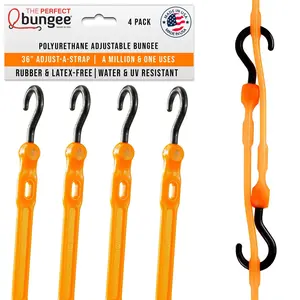 THE PERFECT BUNGEE 36" Adjust-A-Strap Rubber-Free Heavy Duty Polyurethane Strap with Marine Grade Nylon Hooks Made in USA 4 Pack UV Resistant & All Weather Securement Tarp Strap Bungees