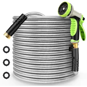 Metal Garden Hose 100FT Stainless Steel Heavy Duty Flexible Lightweight Water Hoses Pipe with 10-Function Spray Nozzle and 3/4" Solid Brass Fittings No Kink Durable for Outdoor Yard & Lawn