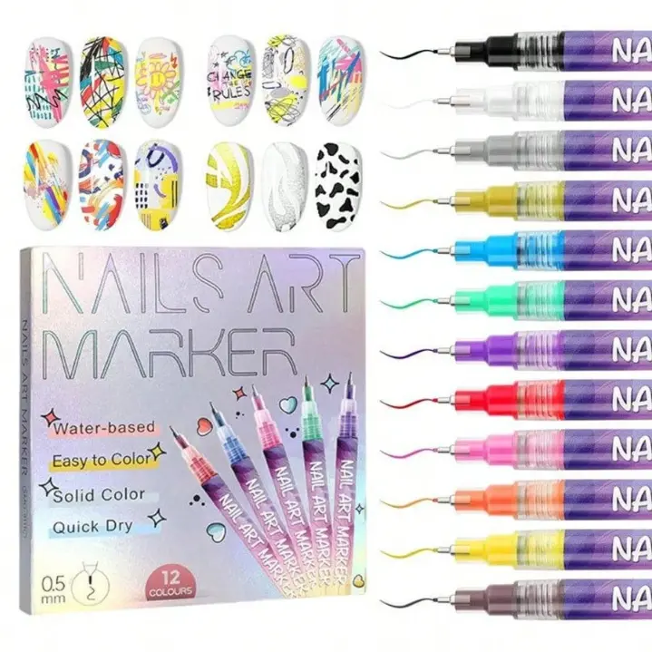 1 Set 12-color Acrylic Paint Pen, 0.5MM Nail Pens Nail Point Graffiti Dotting Pen Drawing Painting Liner Brush for DIY Nail Art Design Beauty Adorn Manicure Tools, Home Salon, Nail Care Cutics Manicure