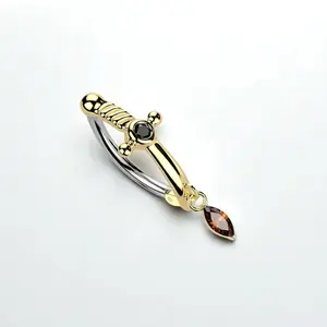 Dagger Belly Ring Gold Charm with Marquise Gem Dangle 14g Gauge 10mm Barbell Unique Design Jewelry for Piercing