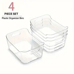 4 Piece Transparent Storage Baskets Set, Clear Storage Bins, Multi-Purpose Organizer Box, Cosmetic and File Holder, Cosmetics Organizer Storage, Desk Drawer Organiser, Stackable Home Organizer