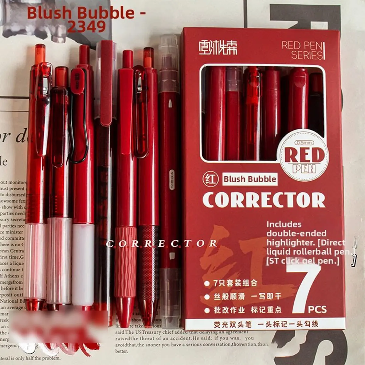 7 pcs red pen set with gel pen, rollerball pen, double tip highlighter, Marker Pens, Dual Tip Pens, Correcting tool, College Student Pen, red ink for marking, correcting, teacher correction pen set for school, office, exam marking, sketching and art use