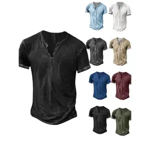 Men's Distressed Henley Shirt - Slim Fit Short Sleeve Button-Up Cotton T-Shirt with V-Neck & Placket Detailing, Machine Washable Casual Shirt in Olive Green, Black, Blue, Burgundy, Sporty Apparel | Athletic Style | Comfortable Tee