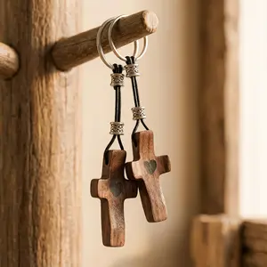 3/6 PCS Keychain Wooden Cross Pendant with Heart Print Charm Keyring Walnut Prayer, Walnut Pocket Cross Fingertip Anxiety Relief Stress Relief Heart Keychain Pendant Encouragement Gift for Loved Ones