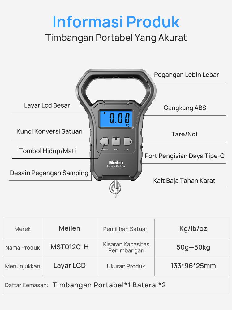 Meilen 50kg Digital Hanging Scale, Portable Luggage Scale with Backlight LCD, 3 Units (kg/lb/oz), Tare Function, for Kitchen, Travel, Fishing, Shipping