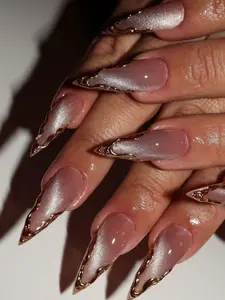 Pink Cat Eye Press On Nails, Luxury Gold Frame Nails With 3D Crystals, Shiny Gel Nails, Bridal Nails, Wedding Nails, Gold Chrome Pink Nails