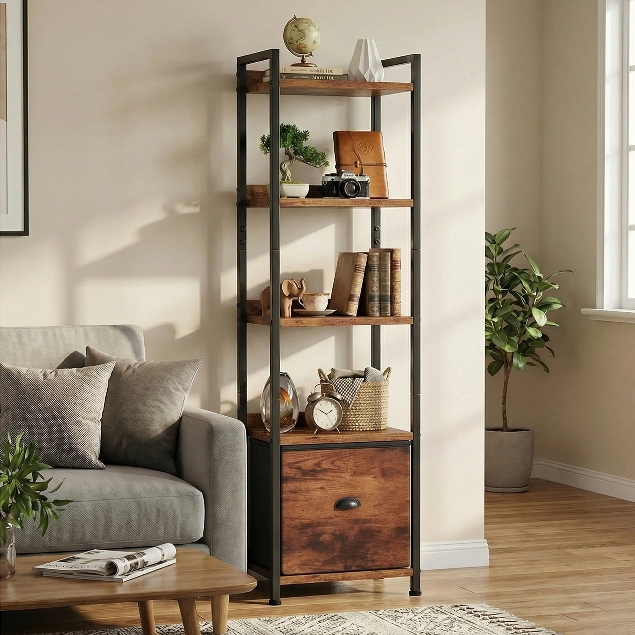 Sweetcrispy Modern Slim Wood-Metal Tall Narrow Bookshelf - 15.35 in Wide, Fabric Drawer, Assembly Required, Books Organizer Storage, Furniture for Small Spaces, Ideal for Living Room, Bedroom Commercial Office Furniture