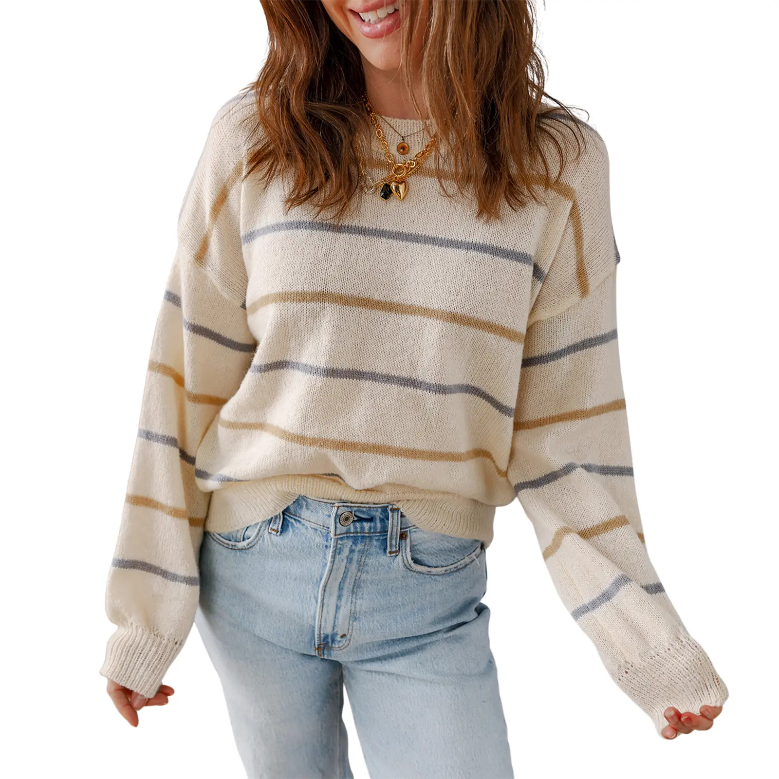 Asvivid Fall Spring Clothes for Women Multicolour Striped Long Sleeve Ribbed Edge Drop Shoulder Sweater Casual Fashion Knitwear Pullover Sweaters Tops