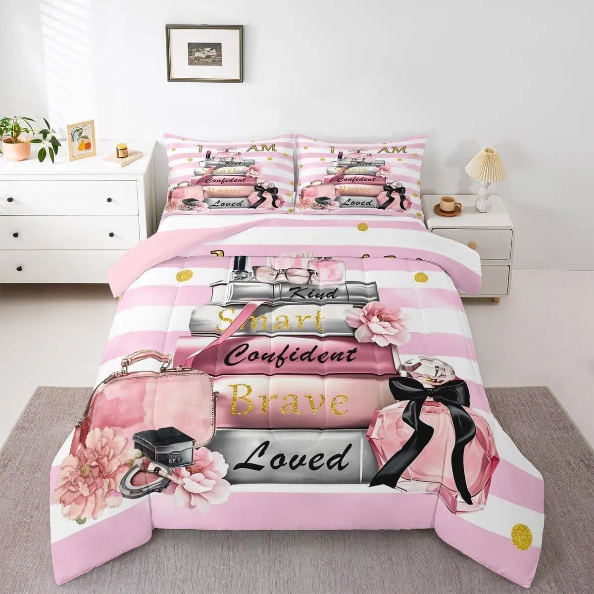 Feelyou Polyester Fiber Duvet Comforter Bed Sets Supplies - Soft, Warm, Breathable, Abstract Pink-White Stripes, Inspirational Quotes, Cozy Aesthetic for Girls' Princess Room (Queen & Multi-Size), Travel-Friendly