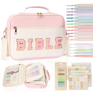 Bible Cover Case for Women Bible Study Supplies Large Preppy Chenille Pink Leather Bible Carrying Tote Bag Letter Bible Case Christmas Christian Gifts for Women Girls