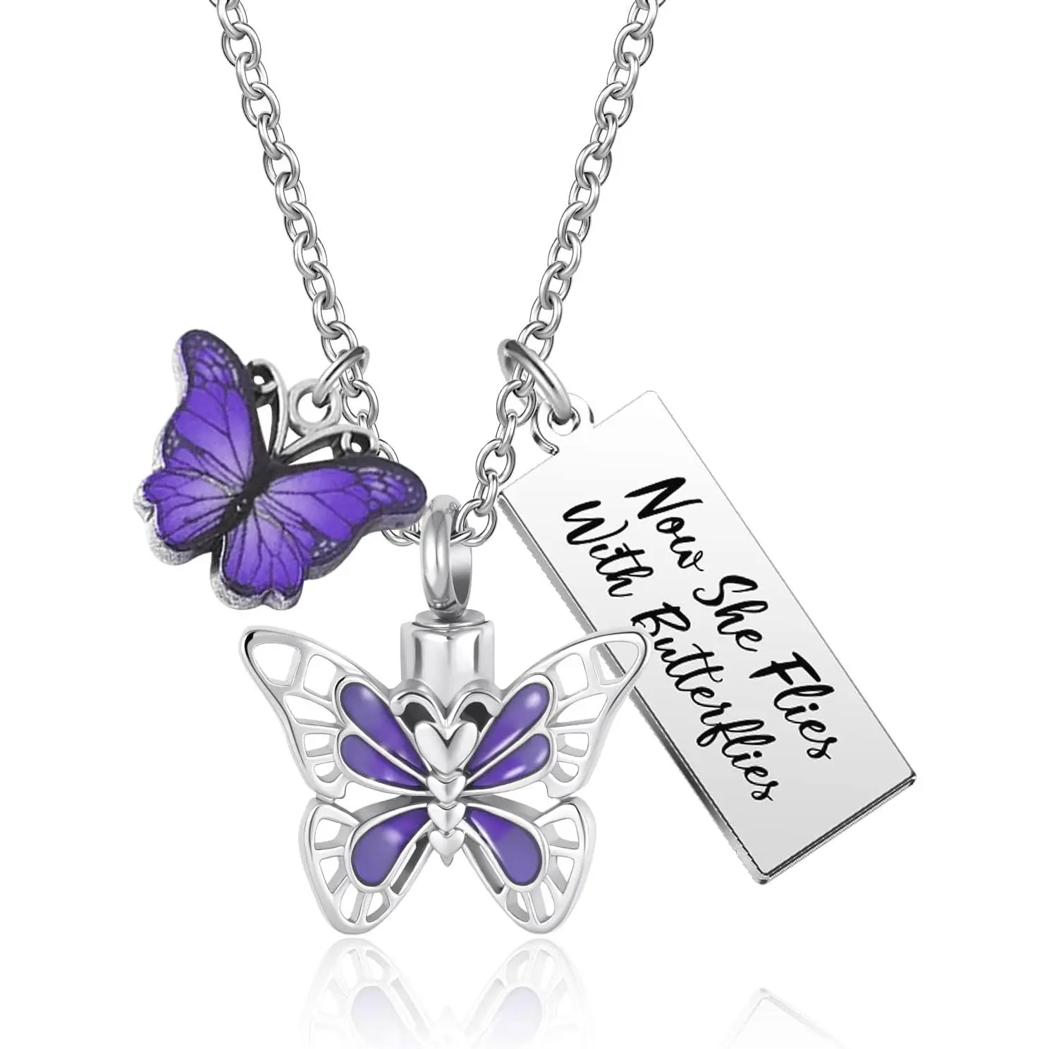 Women's Character Shaped Necklace for Ashes, Purple Butterfly Urn with 2 Stones & Butterfly Accents, Engraved Keepsake Memorial Jewelry with Integrated Mold Setting, Butterfly Accents Necklaces
