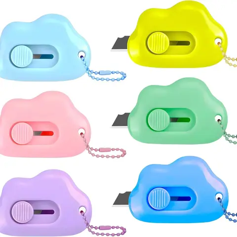 6 Pack Cloud Shaped Retractable Box Cutter Set -  with Key Rings,Stainless Steel Blade,Safe & Portable Letter Opener for Envelopes,Package,Mail,DIY,Paper Cutter for Home,Office,Outdoor (6 Color)