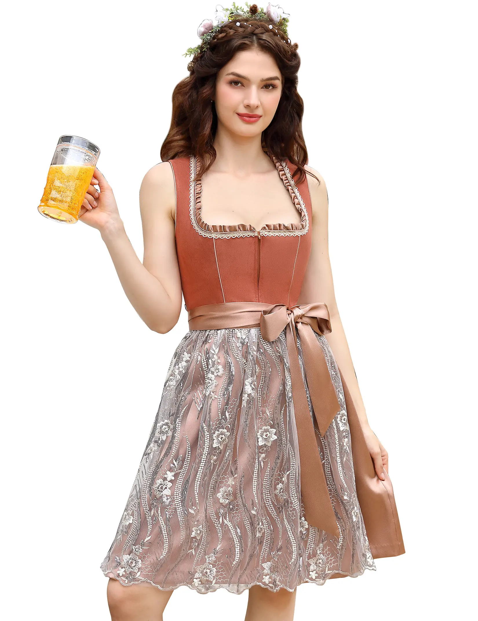 Women's 2 Piece Oktoberfest Dirndl Dress Set Faux Suede Bodice Sequin Embroidered Apron Bavarian Beer Maid Costume Vintage Dress for Halloween Festival Theme Party Cosplay-DTY