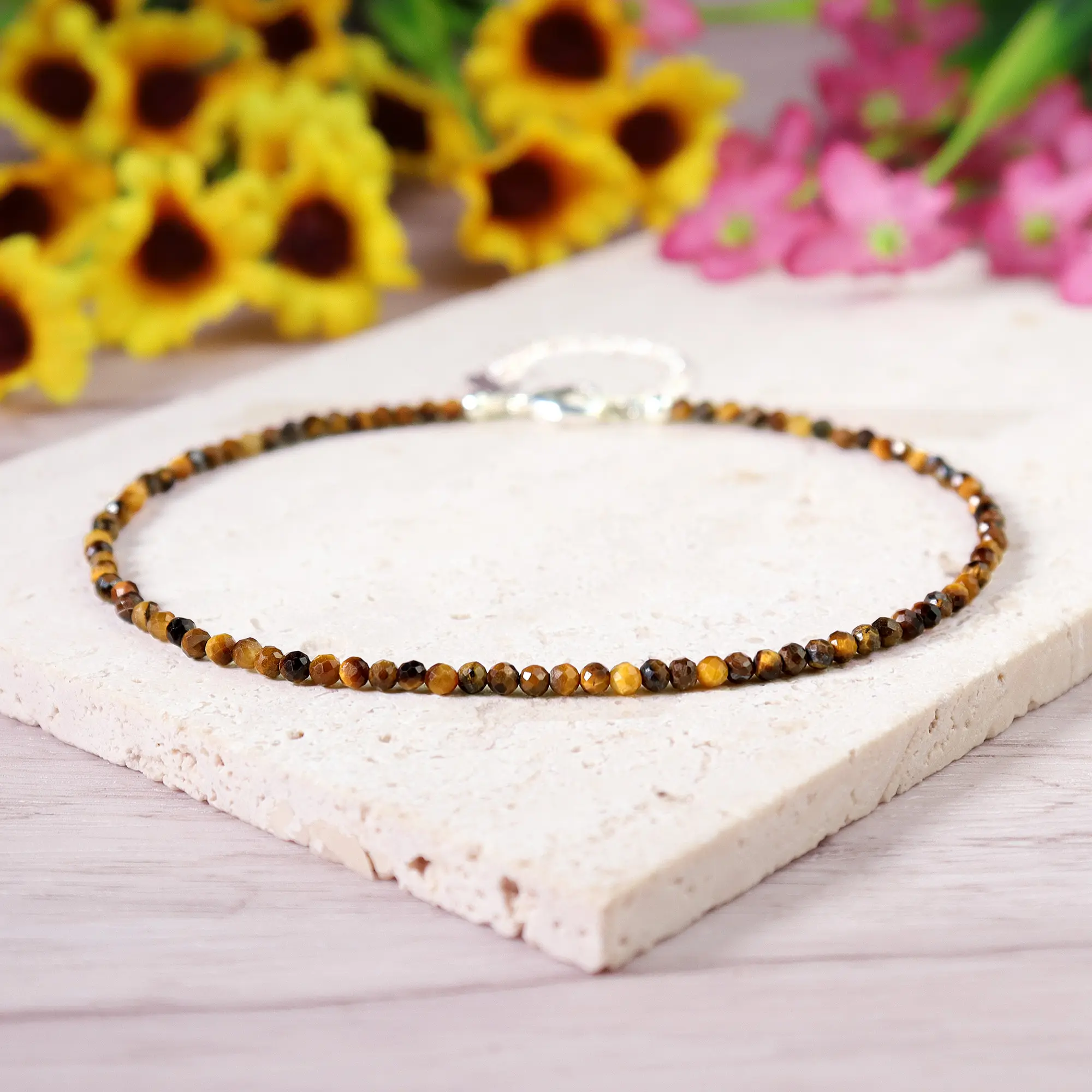 Handmade Natural Brown Tiger Eye 2mm Bead Anklet Jewelry, Silver Chain, Healing Balance Protection, Unisex Gift for Women Men