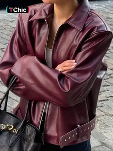 Women's Wine Leather Jacket, Long Sleeve Glossy Zipper Biker Coat, Fitted Casual Fashion Outerwear, Belted Rivet Design, Fall Winter Trendy Style
