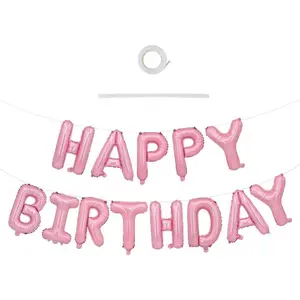 Light Pink Happy Birthday Balloons Banner, 16 Inch Mylar Foil Letters Birthday Sign Bunting Reusable for Girls Boys Kids & Adults Birthday Decorations and Party Supplies