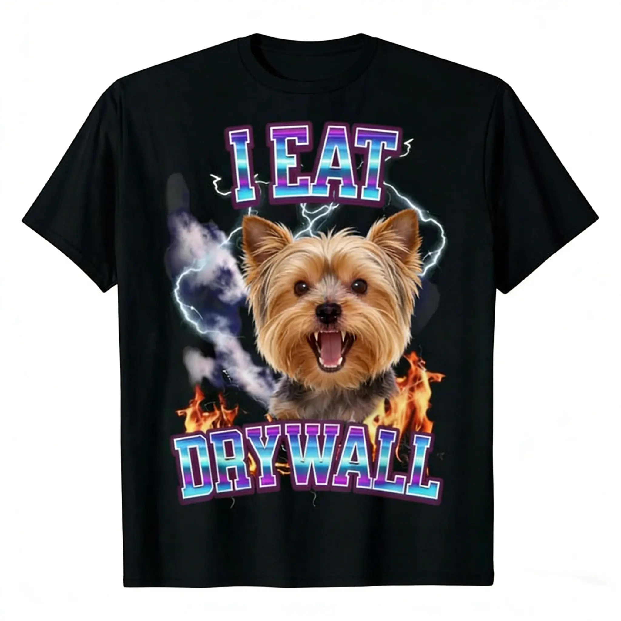 Men's Classic Cotton Fabric Tapered T-Shirt - Yorkie Terrier Funny "I Eat Drywall" Print, Crew Neck, Shortsleeve Menswear Top, Round Neck, Soft, Tshirt, Casual Fit, Streetwear, Relaxed Fit, Casual Tee, Funny Print