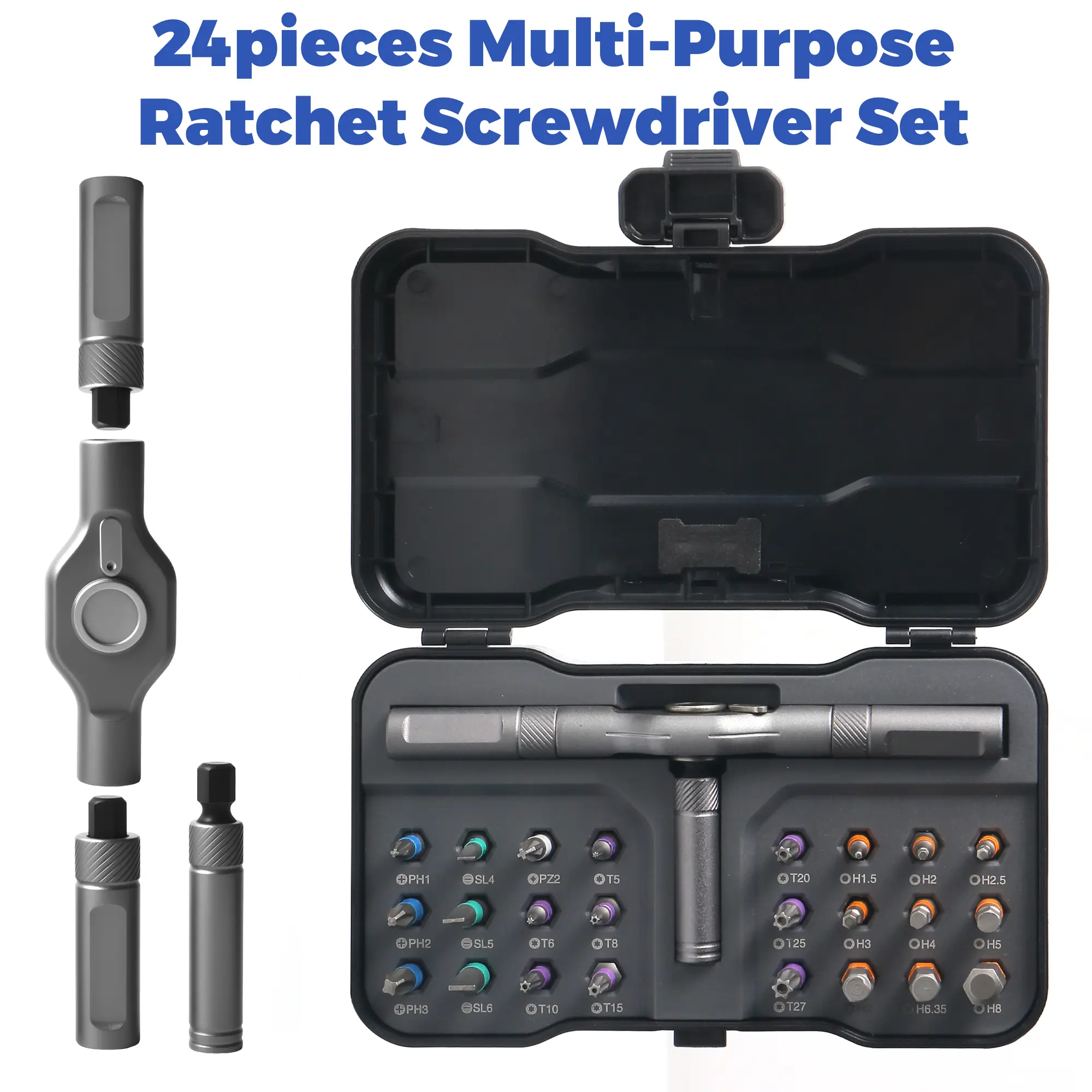 24 in 1 DIY Screwdriver Set,1 Set Switchable Screwdriver Shape Magnetic Screwdriver,Compact and Portable Ratchet Screwdriver Set,Multifunctional Drill Bit Set,Detachable T-shaped Ratchet Handle Hardware,Precision Screwdriver Tool Kit,Home Repair Tool Box