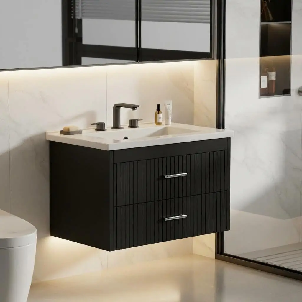 Garvee Contemporary Wall-Hung Bathroom Vanity Set – Ceramic Sink & Glossy White Finish, Dual Soft-Close Drawers with Gold Accents – Modern Floating Cabinet for Powder Room