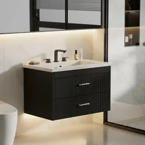 Garvee Contemporary Wall-Hung Bathroom Vanity Set – Ceramic Sink & Glossy White Finish, Dual Soft-Close Drawers with Gold Accents – Modern Floating Cabinet for Powder Room