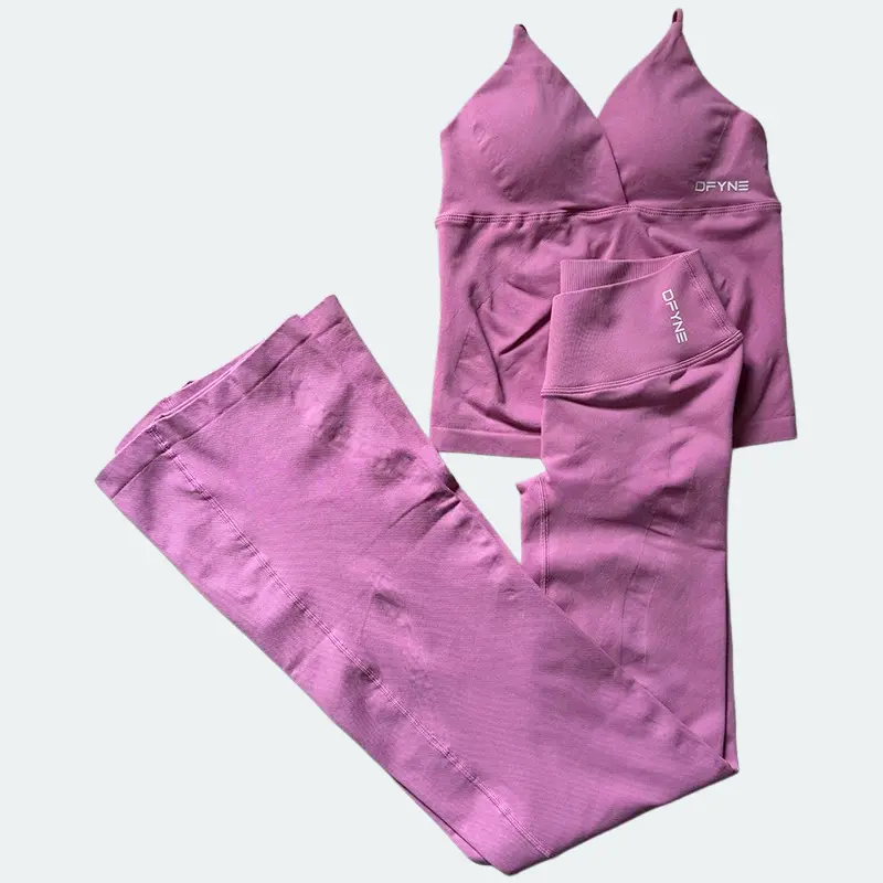 DFYNE New Crossover Back Vest & Flared Pants Set Women – V-Neck Sports Bra Yoga Workout Outfit