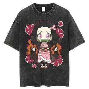valentine shirts  Harajuku Anime Demon Slayer Nezuko Vintage Washed Graphic T Shirt Men Women Cotton-Demon Slayer Kawaii Sakura Graphic Oversized Distressed T-Shirt For Anime Fans Streetwear Retro Deftones Tour