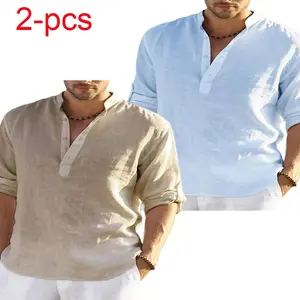 Men’s cotton-linen long-sleeve casual T-shirt featuring a Henley collar—comfortable and versatile, suitable for everyday and outdoor wear, wearable year-round. #summervibes, #SummerWins, #Father’sDayGift