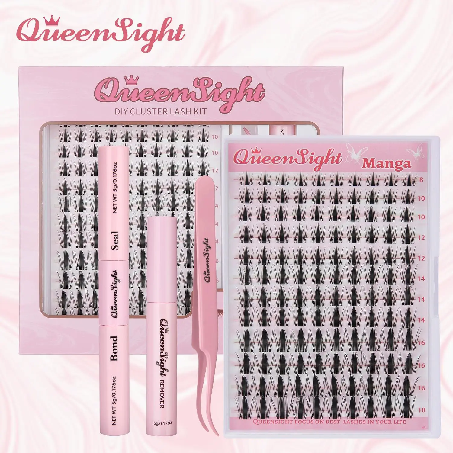 Queensight Manga Lash Cluster Kit,8-18mm Natural DIY Extensions,Lash Band and Seal,Tweezers and Remover for DIY Eyelash,Home Easily,Lightweight,Beginner Friendly,Soft Glam,Manga Doll Wispy Lashes for Women,Make up Clean Girl