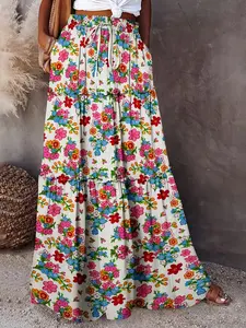 Vintage Forest Floral Cake Maxi Skirt High Waist Slimming Fit Beach Long Dress Bohemian Style Boho Half Skirt for Women Bottoms Vibe Womenswear
