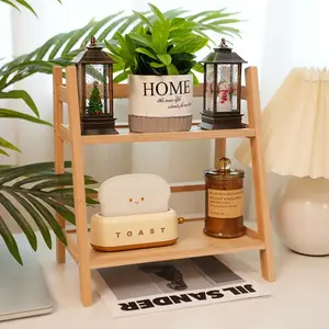 2 Layer Double Tiers Bamboo Display Organizer, Display Risers Stand, Multifunctional Rustic Style for Kitchen, Cosmetics, Potted Plants, Easy Assembly, Vintage Home Decor