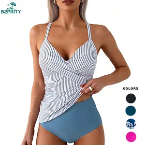 B2prity Women's Ruched Tankini Swimsuits V Neck Wrap Tie Back Two Pieces Bathing Suit Tummy Control Swimwear Deals for You Days