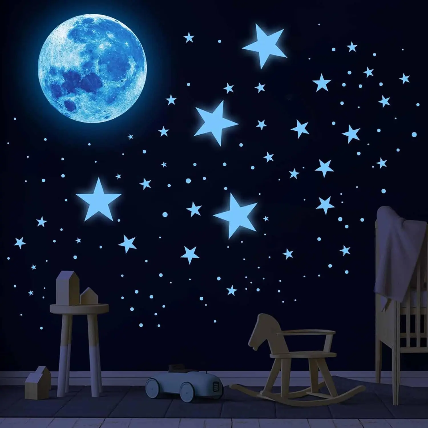 1008-Count Decorative Glow-in-the-Dark Stars & Moon, Solar System Galaxy Wall Stickers for Boys' Bedroom, Space-Themed Ceiling Wall Decals - Blue