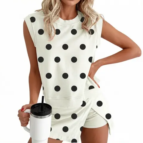 Asvivid Women's Ribbed Trim Polka Dot Print Tank Top and Split Mini Skort 2pcs Set Womenswear Summer Clothes