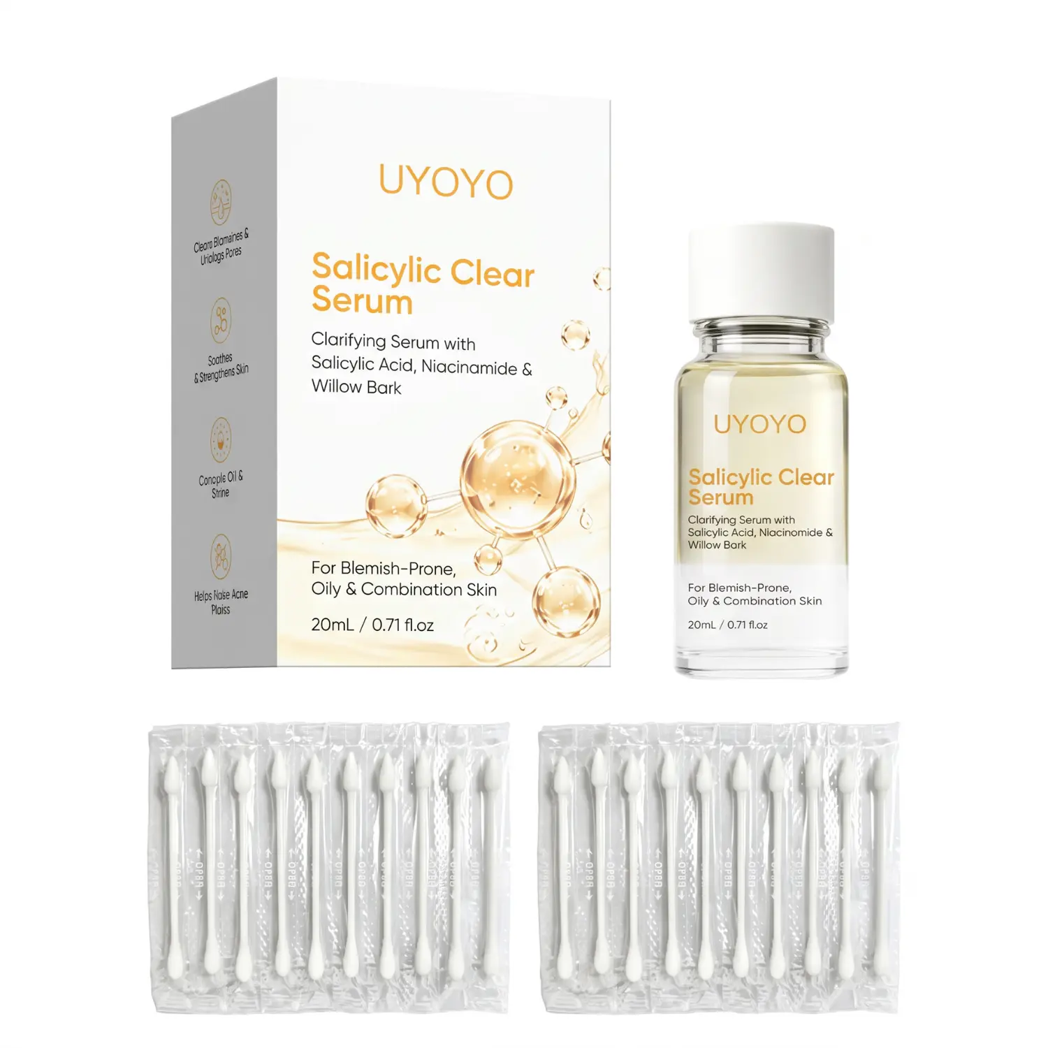 UYOYO Salicylic Clear Serum (0.71oz) | Acne Treatment with Niacinamide & Willow Bark for Blemish-Prone, Oily Skin | Minimizes Pores & Controls Shine | Korean K-Beauty Clarifying Serum + Cotton Swab Set