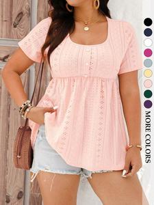 Women's Plus Size Babydoll Shirts Eyelet Peplum Top Short Sleeve Scoop Neck Pearl Button Casual Blouse Flowy Tummy Control Summer Boho Trendy Fit