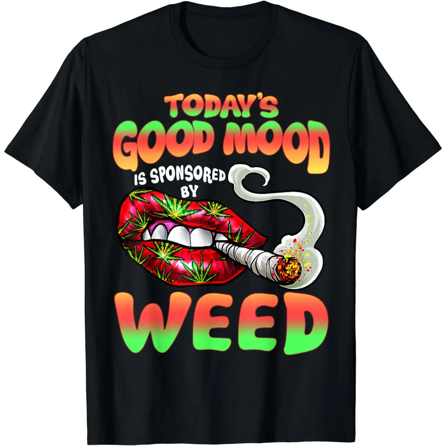 Men's Oversized 100% Cotton Round Neck Short-Sleeve Graphic Tee - Weed-Sponsored Good Mood, Vibrant Lips,