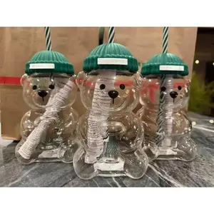 2025 Holiday Collection Viral Bearista Cold Cup, Cute Teddy Bear Glass CUp With Green Beanie-Style Lid & Stripped Straw, Nostalgia Coffee Mugs, Beer Wine Cocktail Drinks Glassware, New Model Bear Glass Cups